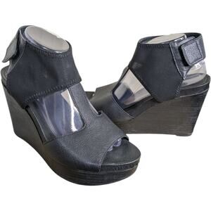 Eileen Fisher Dote T-Strap Platform Wedge Sandals Black Leather Mesh Womens 9.5